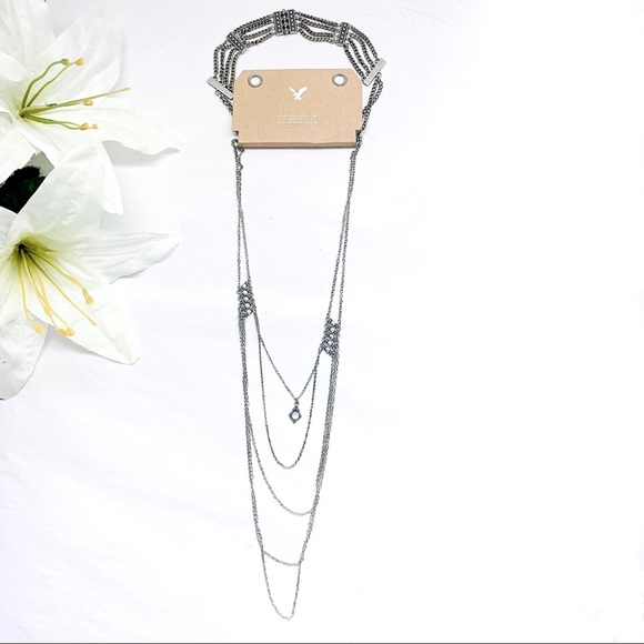 NWT AE Bohemian Silver Layered Chain and Jewel Necklaces